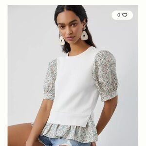 Anthropologie White Top with Floral Puff Sleeves